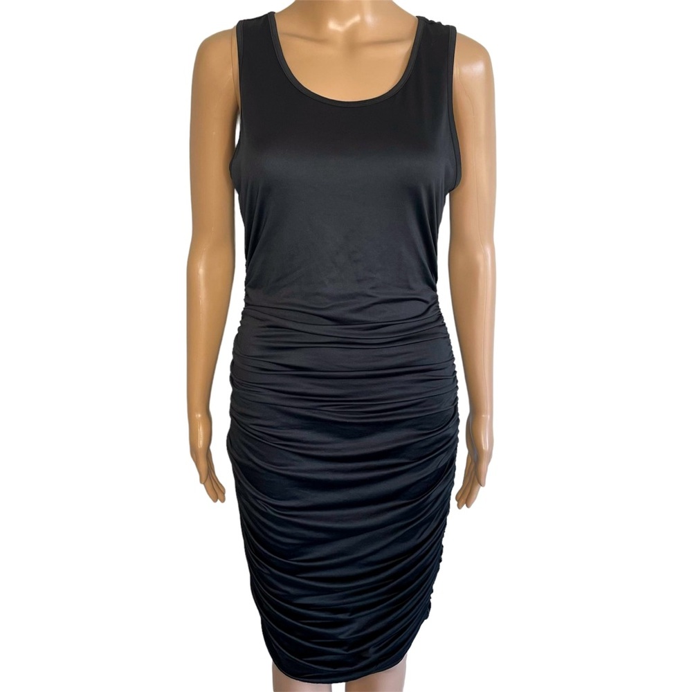 Zeagoo Silky Solid Black Crewneck Sleeveless Ruched Bodycon Midi Cocktail Dress